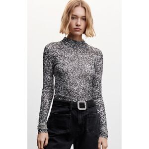 MNG by Mango Women's Black & White Printed Long Sleeve T-shirt Size XS